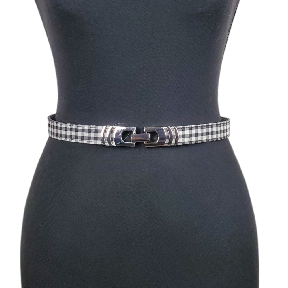 WHITE HOUSE BLACK MARKET Gingham Stretch Skinny Belt Silver Buckle